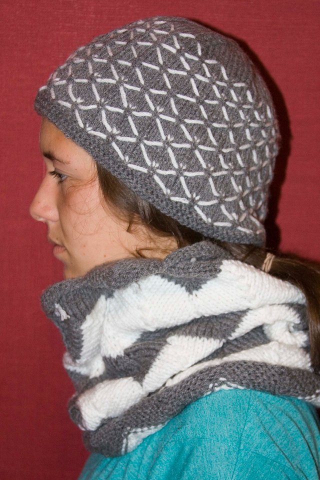 white & grey hat with cowl